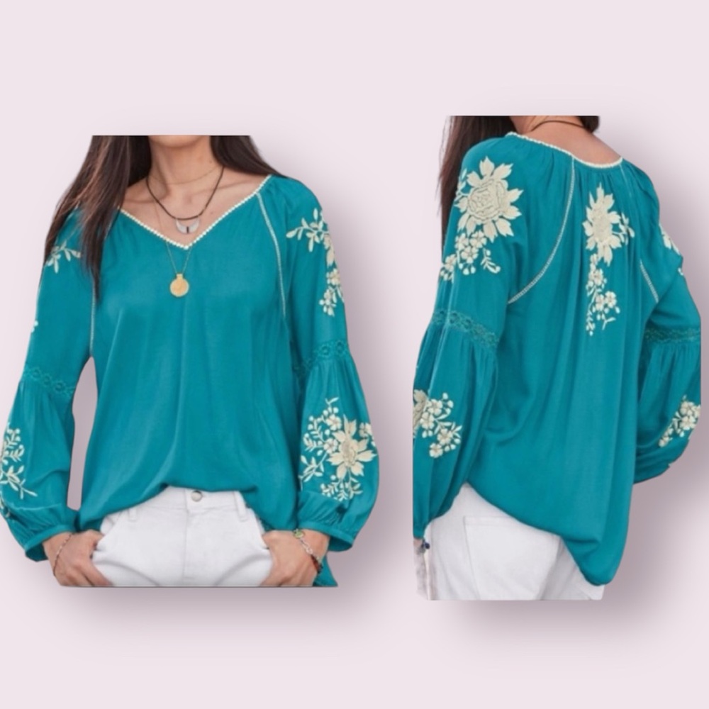 Sundance Naomi Isles Embroidered Boho Peasant Top Turquoise Blue Size Large